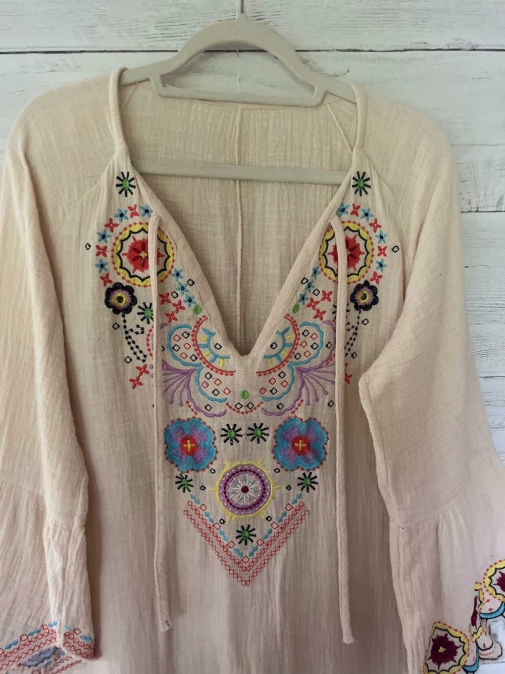 Cream Embroidered Boho Fringe Tunic bought in LA. Size Lg-XL very unique
